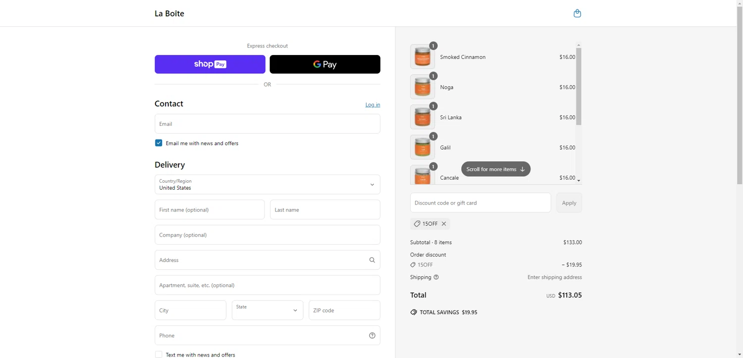 La Boîte promo code screenshot showing code 15OFF applied at La Boîte checkout page. Uploaded by SimplyCodes community member SilverChaser3269 on Jun 3, 2025