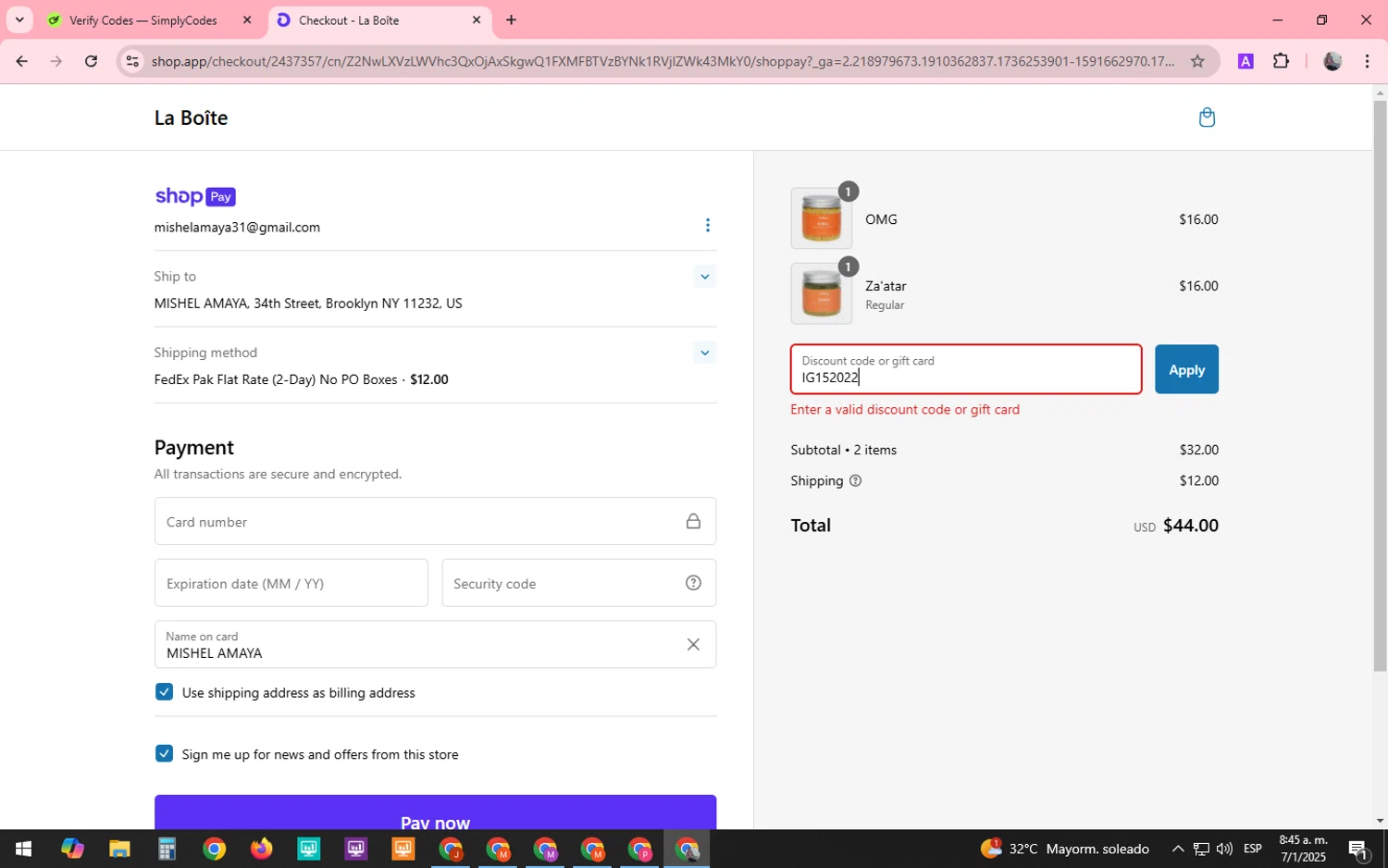 La Boîte promo code screenshot showing code IG152022 applied at La Boîte checkout page. Uploaded by SimplyCodes community member SARAI13 on Jan 7, 2025