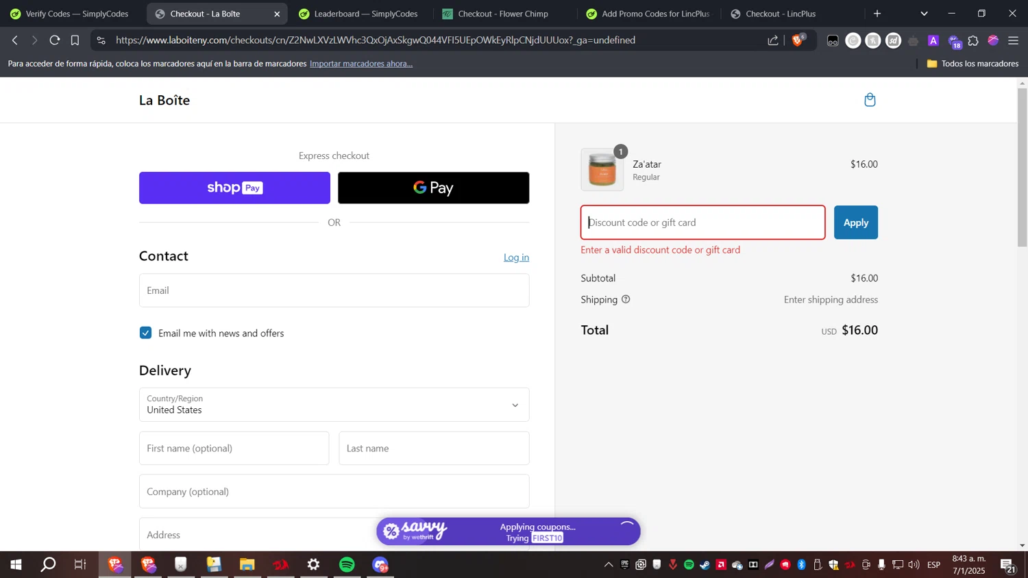 La Boîte promo code screenshot showing code IG152022 applied at La Boîte checkout page. Uploaded by SimplyCodes community member CoinHawk6938 on Jan 7, 2025