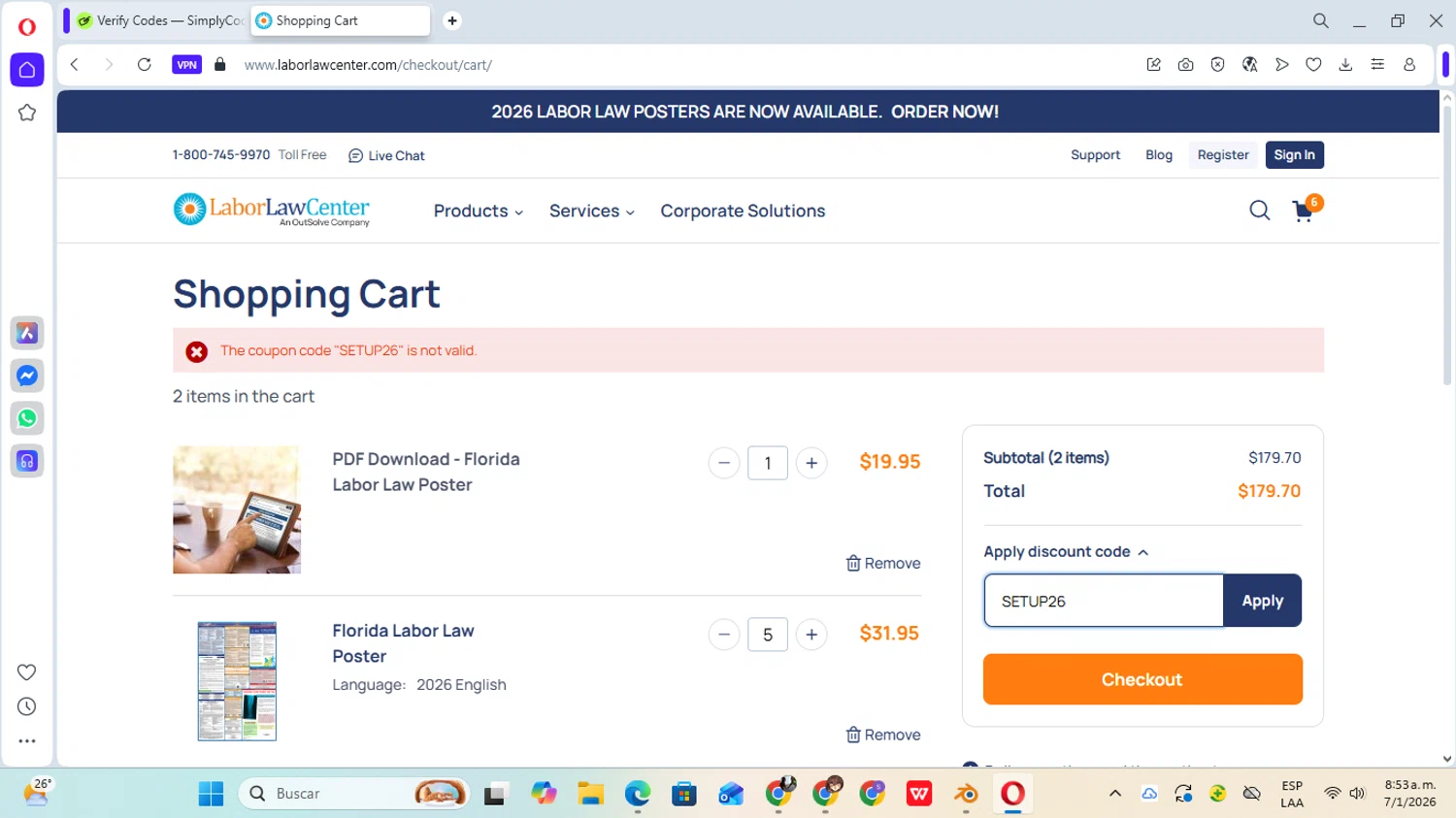 Labor Law Center promo code screenshot showing code SETUP26 applied at Labor Law Center checkout page. Uploaded by SimplyCodes community member YunoMaria on Jan 7, 2026