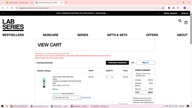Lab Series checkout page showing Lab Series discount code box | Screenshot taken by SimplyCodes community member on Aug 5, 2025