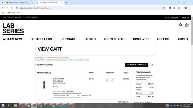 Lab Series checkout page showing Lab Series discount code box | Screenshot taken by SimplyCodes community member on Jan 17, 2025