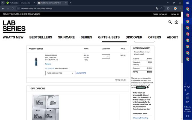 Lab Series checkout page showing Lab Series discount code box | Screenshot taken by SimplyCodes community member on Jan 17, 2025