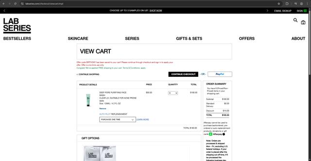 Lab Series checkout page showing Lab Series discount code box | Screenshot taken by SimplyCodes community member on Aug 5, 2025