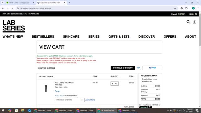 Lab Series checkout page showing Lab Series discount code box | Screenshot taken by SimplyCodes community member on Jan 17, 2025
