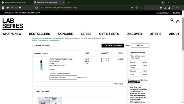 Lab Series checkout page showing Lab Series discount code box | Screenshot taken by SimplyCodes community member on Mar 5, 2025
