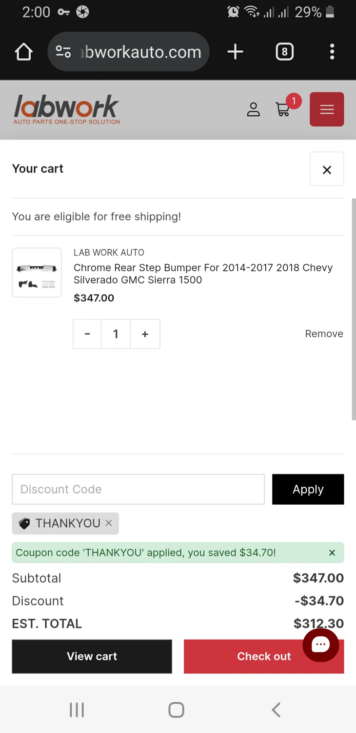 Lab Work Auto Parts promo code screenshot showing code THANKYOU applied at Lab Work Auto Parts checkout page. Uploaded by SimplyCodes community member GloriousFinder136 on Jun 24, 2025