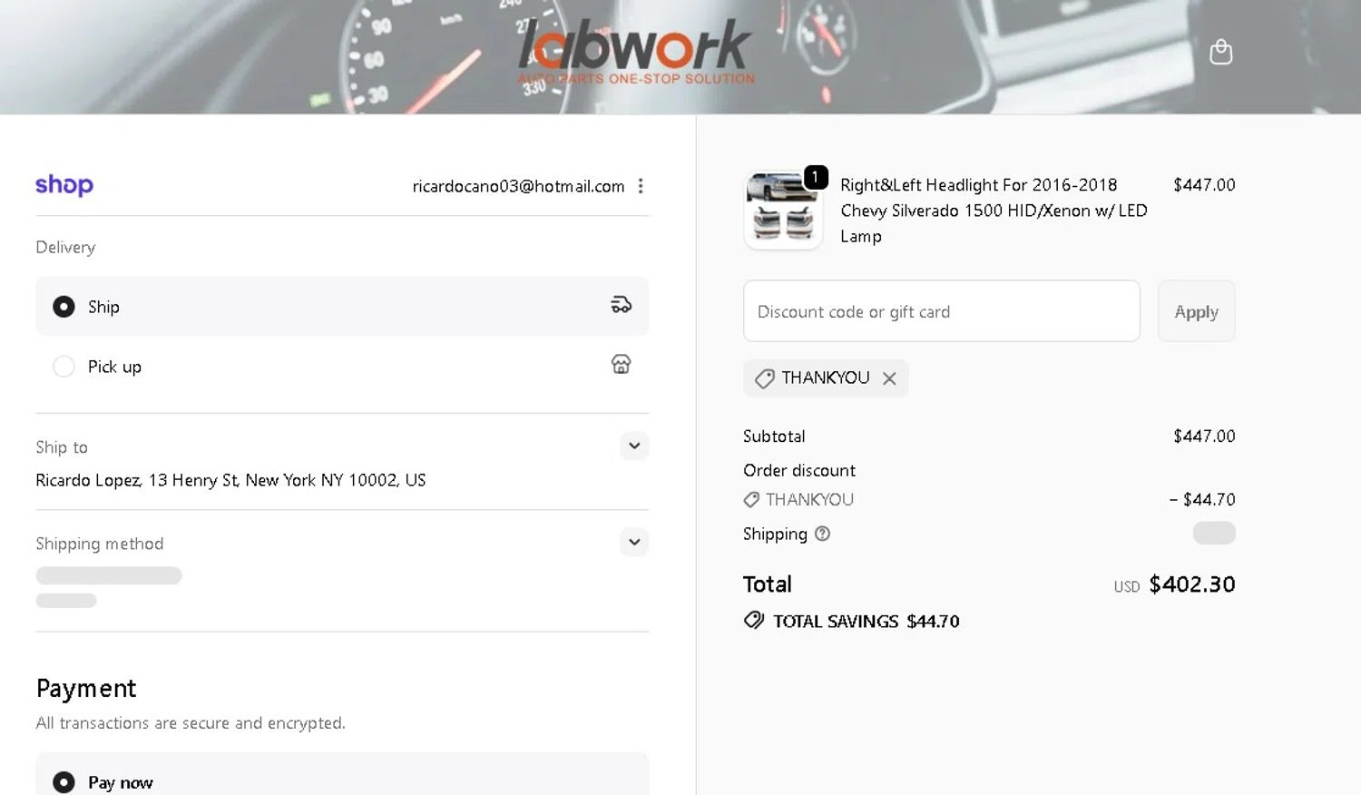 Lab Work Auto Parts promo code screenshot showing code THANKYOU applied at Lab Work Auto Parts checkout page. Uploaded by SimplyCodes community member LAMINEJAMAL on Oct 17, 2025
