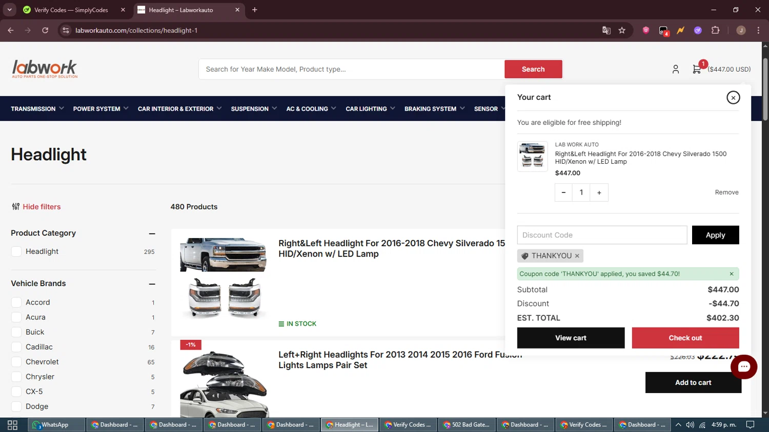 Lab Work Auto Parts promo code screenshot showing code THANKYOU applied at Lab Work Auto Parts checkout page. Uploaded by SimplyCodes community member ShrewdAdmiral5920 on Nov 12, 2025