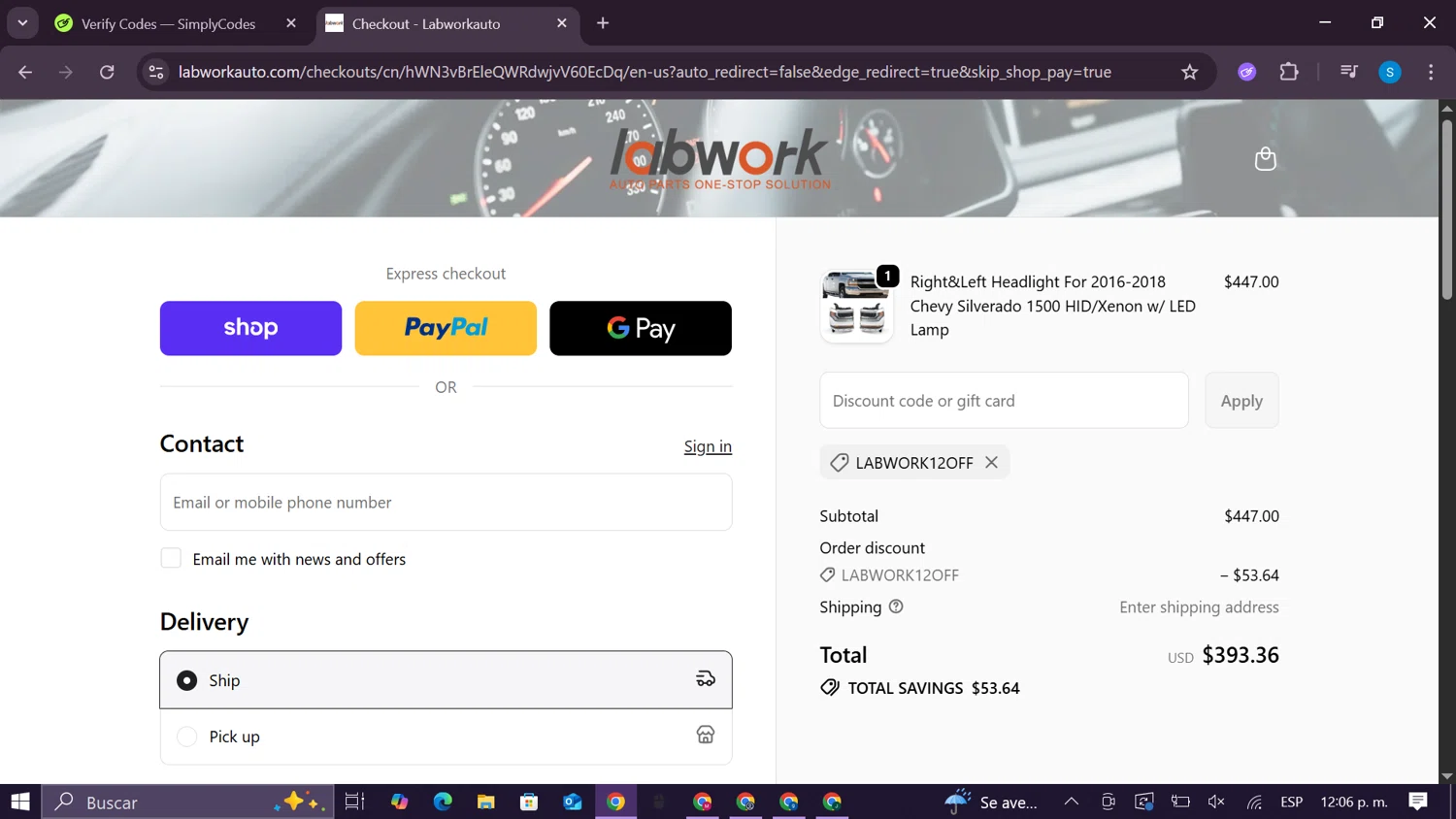 Lab Work Auto Parts promo code screenshot showing code LABWORK12OFF applied at Lab Work Auto Parts checkout page. Uploaded by SimplyCodes community member CodeExpert981 on Oct 9, 2025