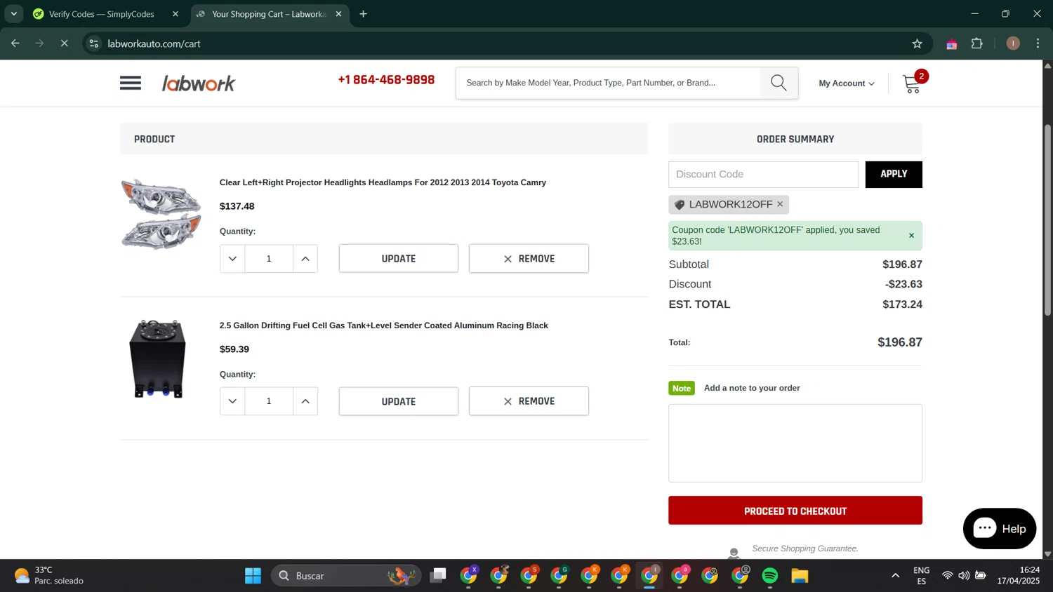 Lab Work Auto Parts promo code screenshot showing code LABWORK12OFF applied at Lab Work Auto Parts checkout page. Uploaded by SimplyCodes community member RoyalPhoenix2730 on Apr 17, 2025