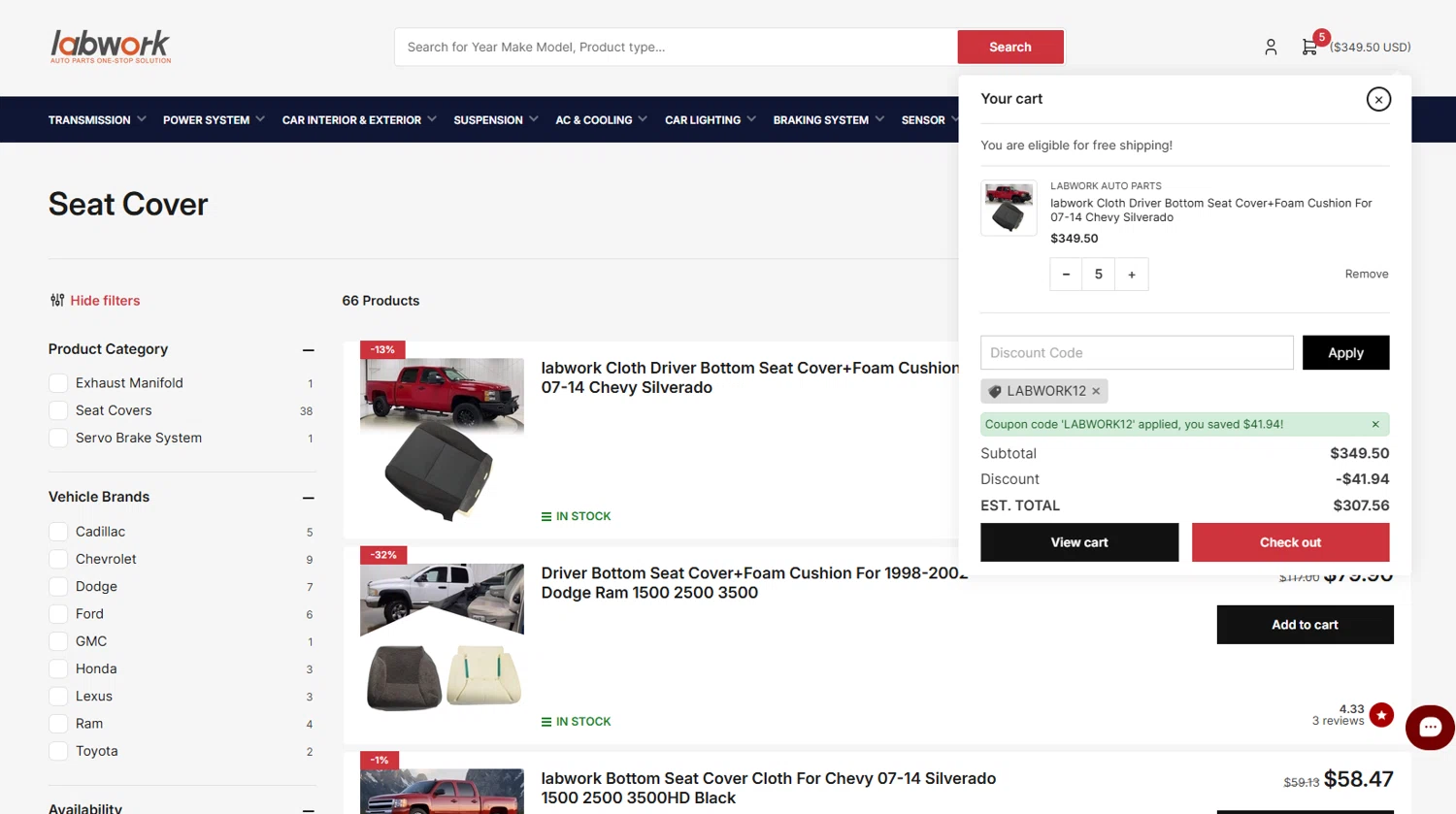 Lab Work Auto Parts promo code screenshot showing code Labwork12 applied at Lab Work Auto Parts checkout page. Uploaded by SimplyCodes community member MrsPopo on Nov 7, 2025