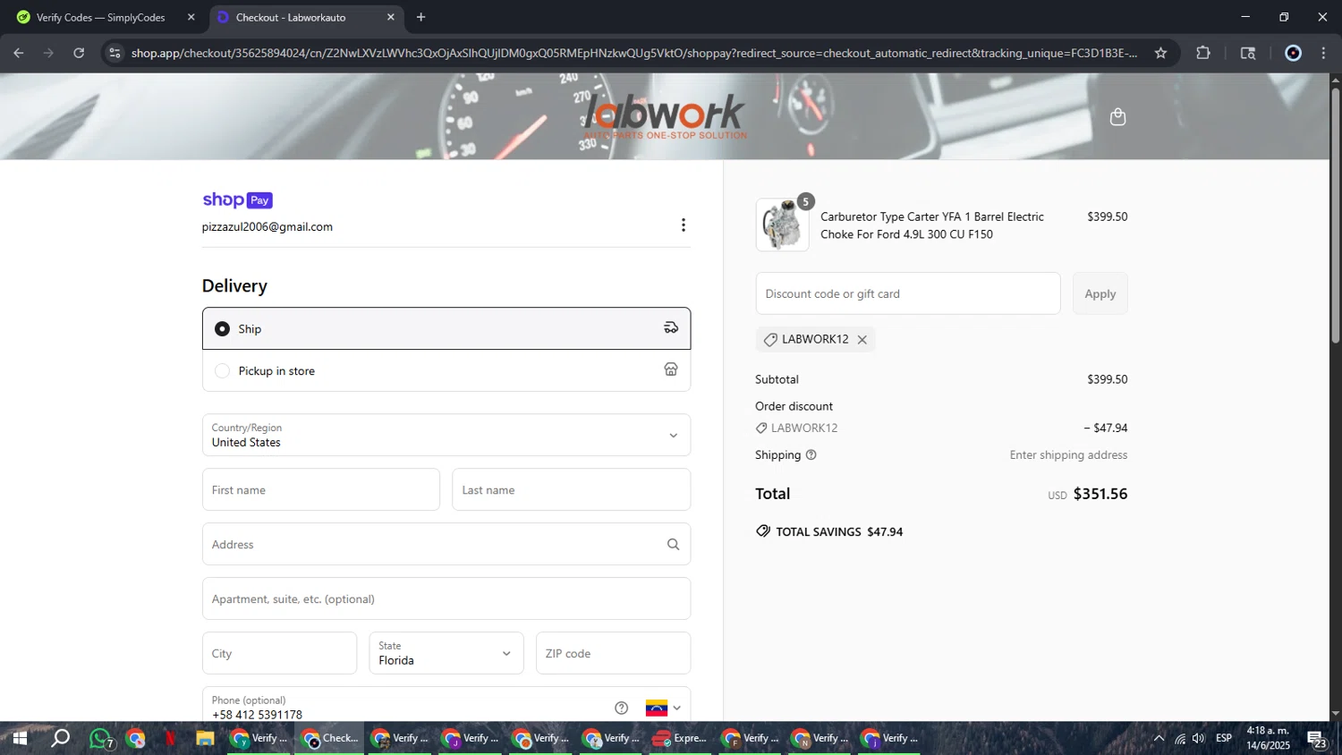 Lab Work Auto Parts promo code screenshot showing code Labwork12 applied at Lab Work Auto Parts checkout page. Uploaded by SimplyCodes community member RoyalBoss4384 on Jun 14, 2025