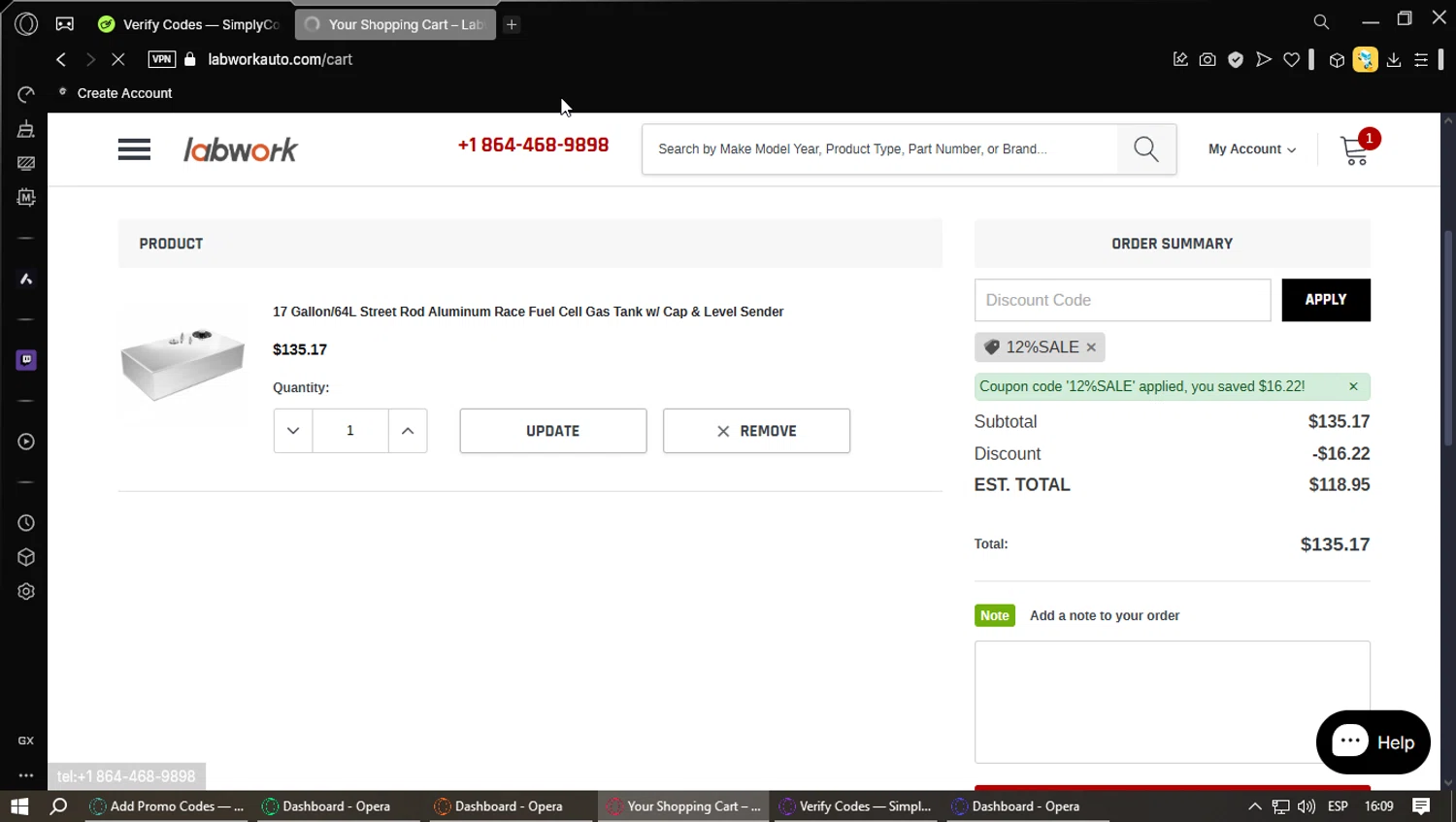 Lab Work Auto Parts promo code screenshot showing code 12%SALE applied at Lab Work Auto Parts checkout page. Uploaded by SimplyCodes community member Saoul_ on Apr 17, 2025