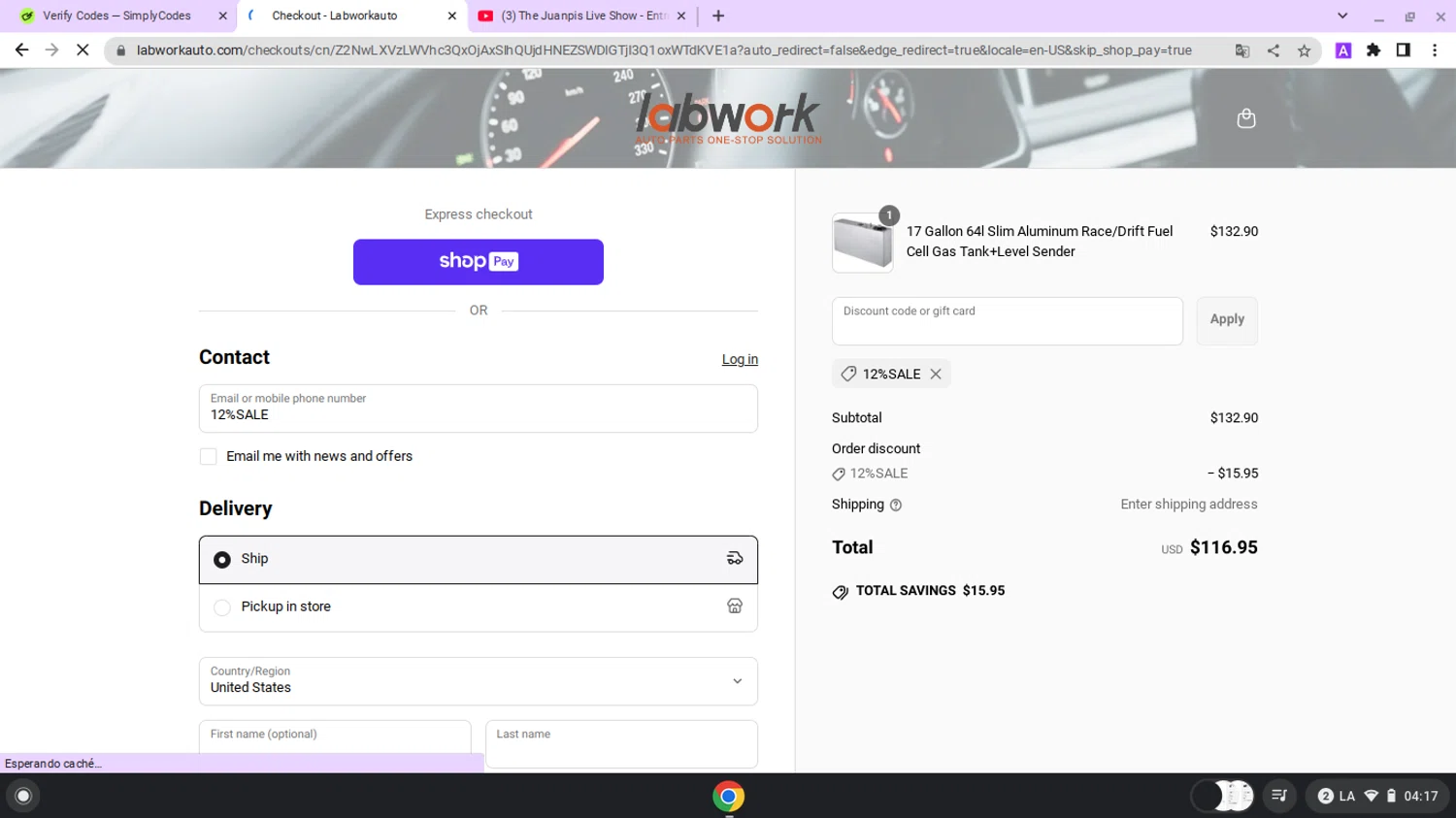 Lab Work Auto Parts promo code screenshot showing code 12%SALE applied at Lab Work Auto Parts checkout page. Uploaded by SimplyCodes community member lapampita on Jun 14, 2025