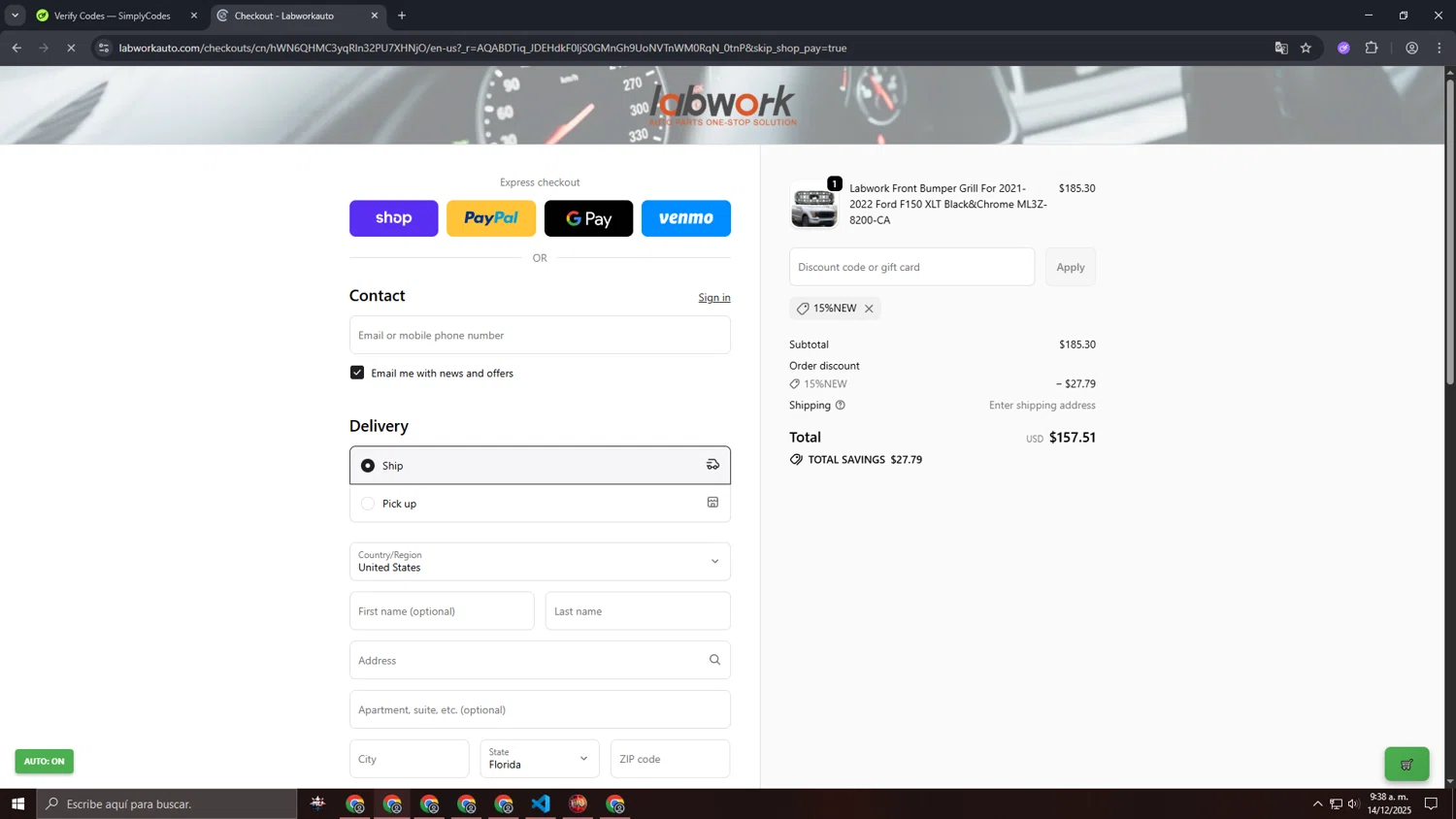 Lab Work Auto Parts promo code screenshot showing code 15%new applied at Lab Work Auto Parts checkout page. Uploaded by SimplyCodes community member RANK1VERIFIED on Dec 14, 2025