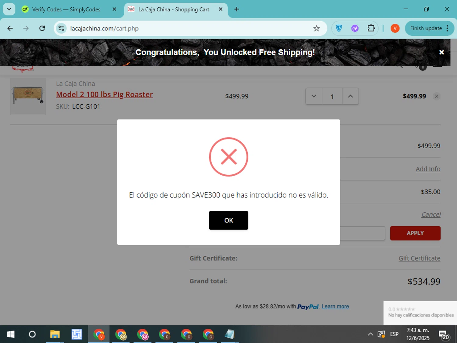 La Caja China promo code screenshot showing code TRADITION10 applied at La Caja China checkout page. Uploaded by SimplyCodes community member CodeMonarch8148 on Jun 12, 2025