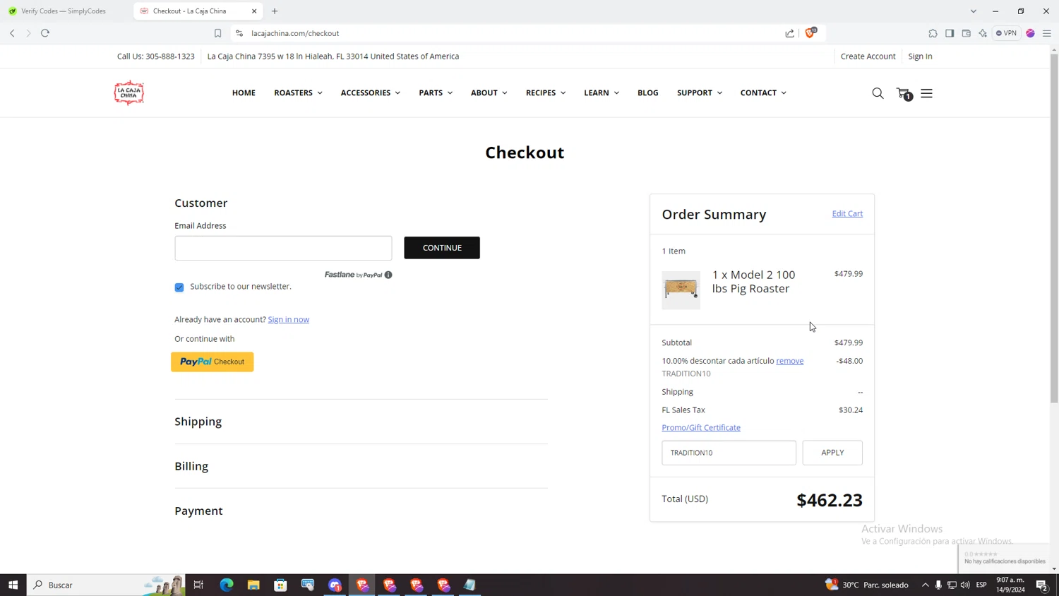 La Caja China checkout page showing La Caja China promo code box | Screenshot taken by SimplyCodes community member on Sep 14, 2024