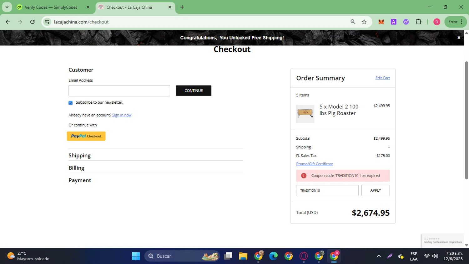 La Caja China promo code screenshot showing code TRADITION10 applied at La Caja China checkout page. Uploaded by SimplyCodes community member SilverVirtuoso7221 on Jun 12, 2025