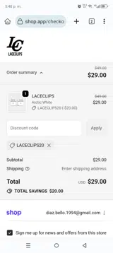 LACECLIPS20 coupon verification screenshot