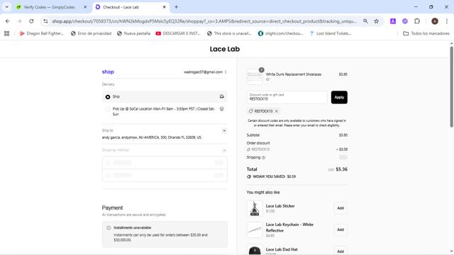 Lace Lab checkout page showing Lace Lab coupon code box | Screenshot taken by SimplyCodes community member on Sep 8, 2025