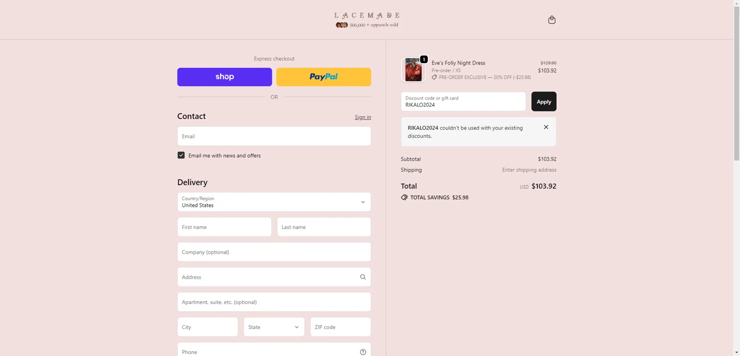 LaceMade discount code screenshot showing code RIKALO2024 applied at LaceMade checkout page. Uploaded by SimplyCodes community member BrilliantRanger9984 on Dec 11, 2025