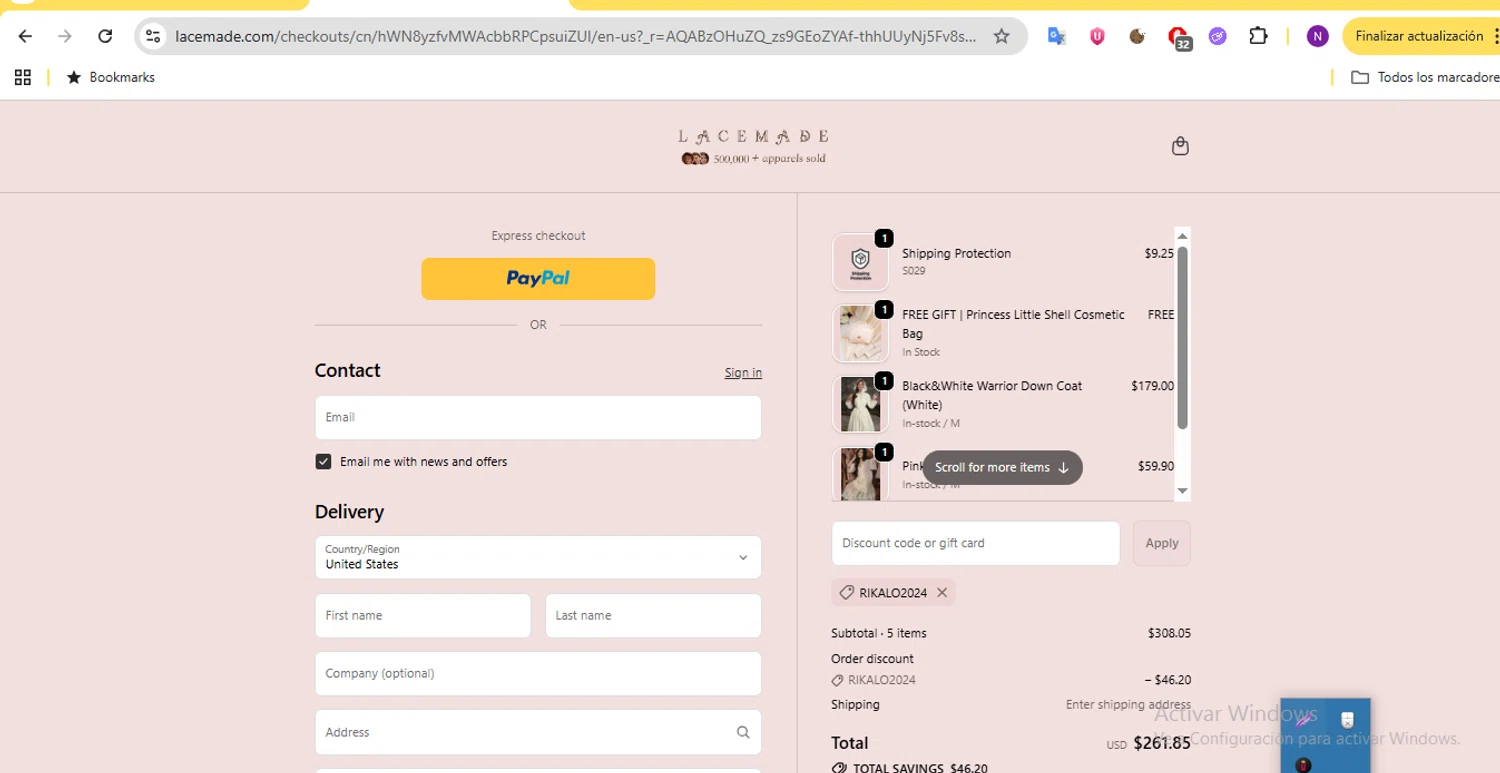 LaceMade checkout page showing LaceMade discount code box | Screenshot taken by SimplyCodes community member on Feb 20, 2026