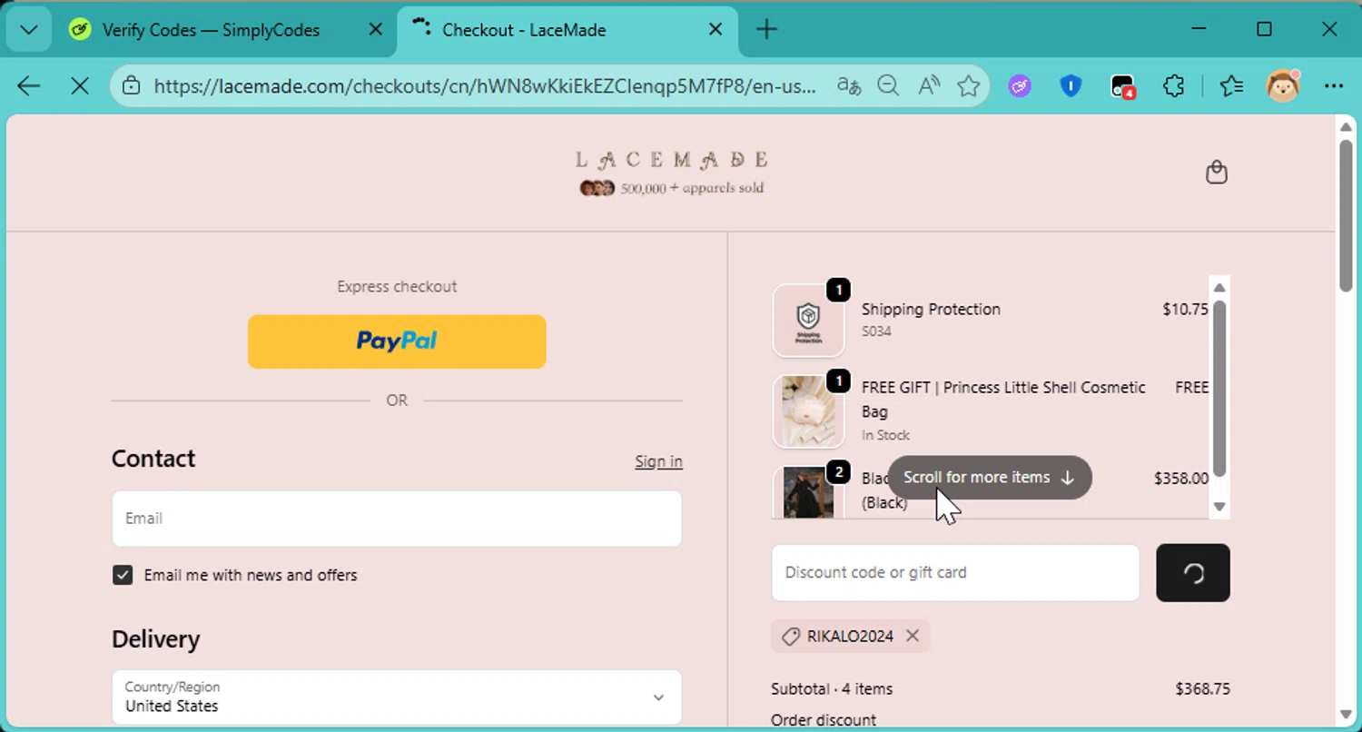 LaceMade checkout page showing LaceMade discount code box | Screenshot taken by SimplyCodes community member on Feb 18, 2026