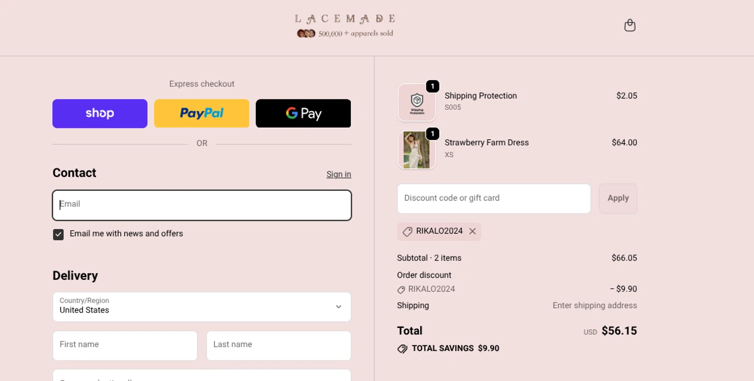LaceMade discount code screenshot showing code RIKALO2024 applied at LaceMade checkout page. Uploaded by SimplyCodes community member Mosue17 on Nov 30, 2025