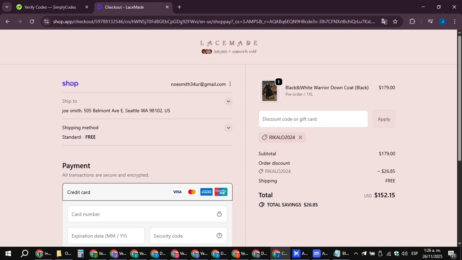 LaceMade discount code screenshot showing code RIKALO2024 applied at LaceMade checkout page. Uploaded by SimplyCodes community member noesmith34ur on Nov 26, 2025