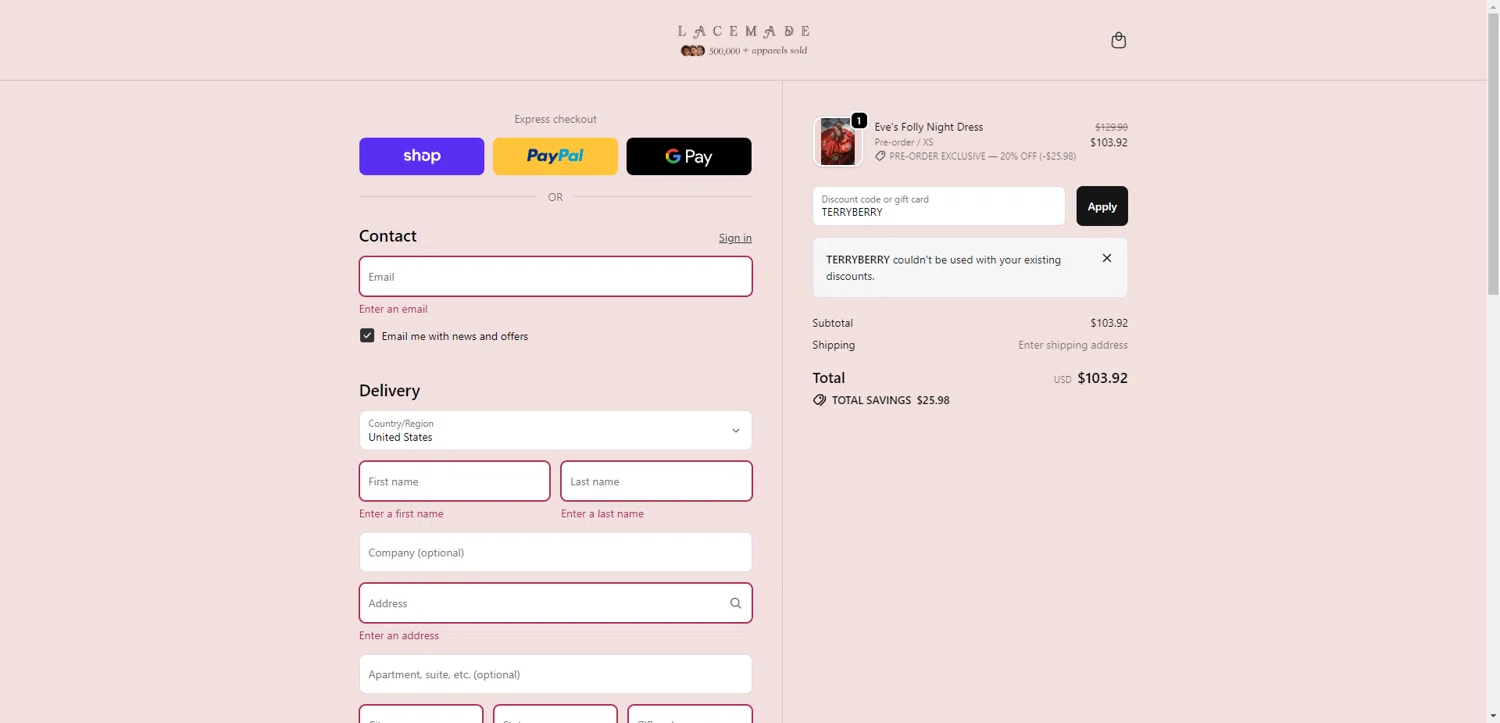 LaceMade discount code screenshot showing code TERRYBERRY applied at LaceMade checkout page. Uploaded by SimplyCodes community member BrilliantRanger9984 on Dec 4, 2025