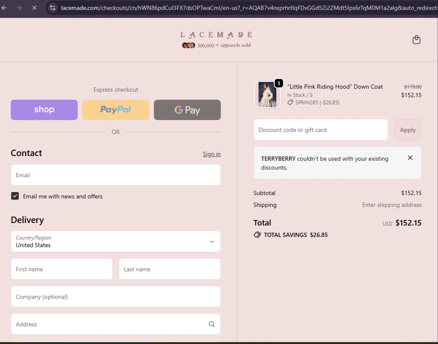 LaceMade discount code screenshot showing code TERRYBERRY applied at LaceMade checkout page. Uploaded by SimplyCodes community member MoneySage8222 on Jan 27, 2026