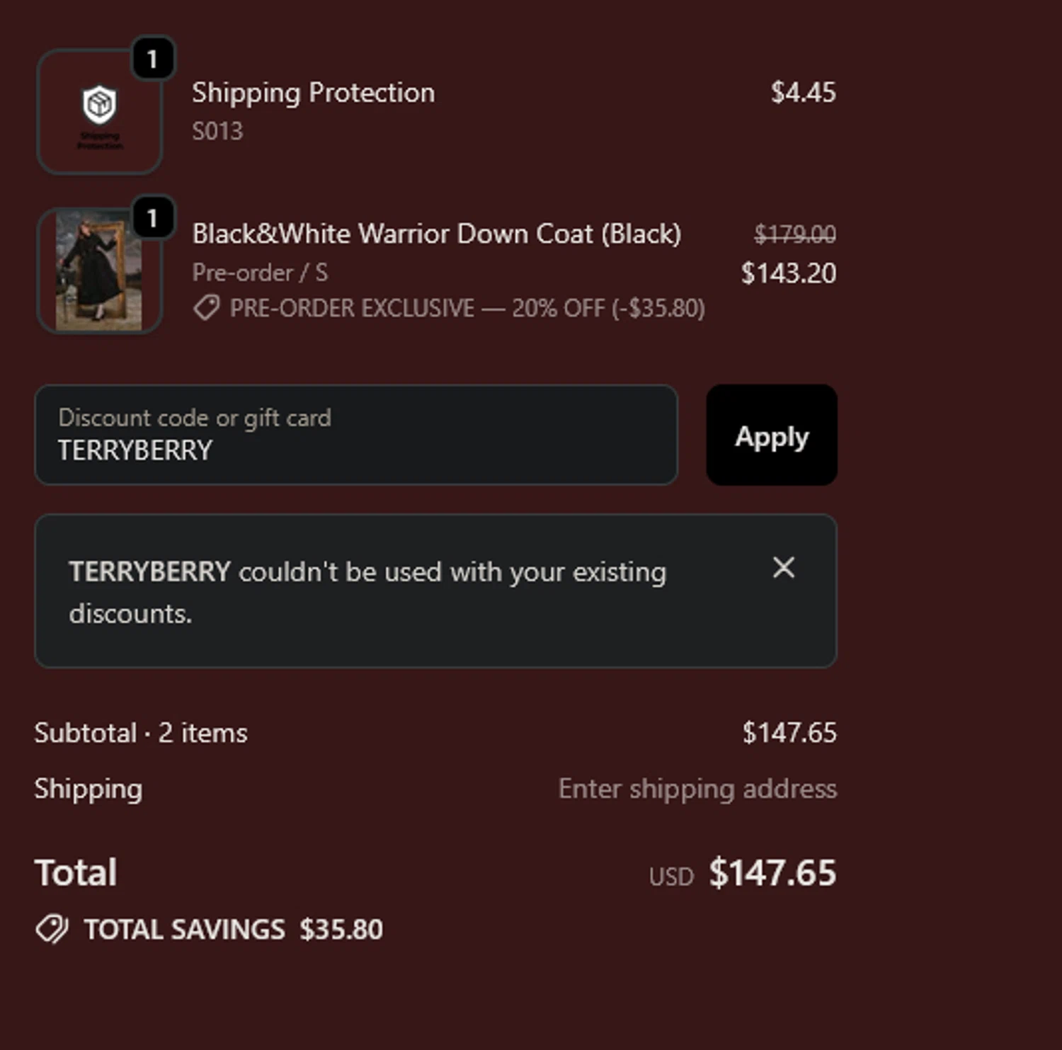 LaceMade discount code screenshot showing code TERRYBERRY applied at LaceMade checkout page. Uploaded by SimplyCodes community member xocelot44x on Nov 20, 2025