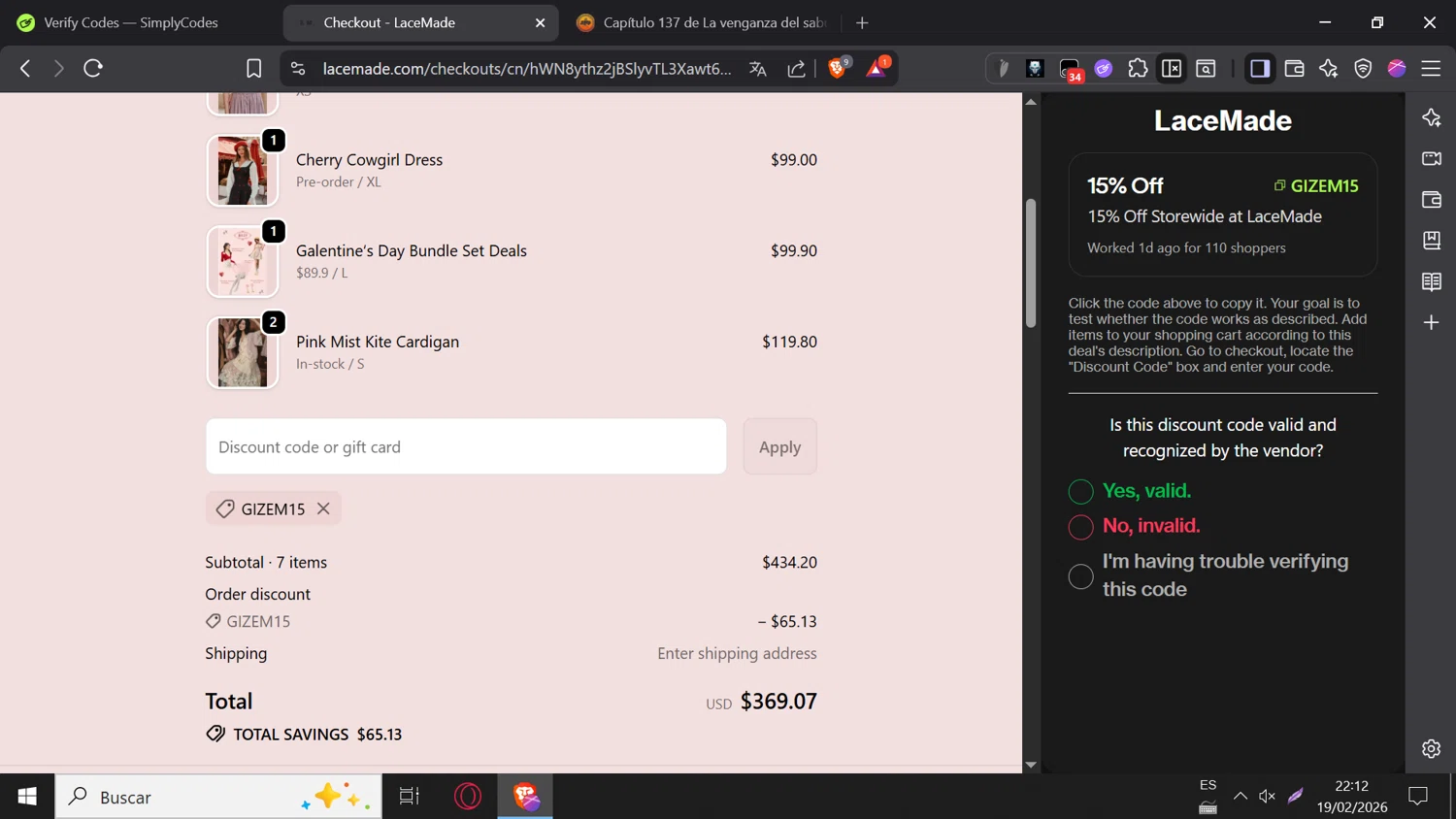 LaceMade checkout page showing LaceMade discount code box | Screenshot taken by SimplyCodes community member on Feb 20, 2026