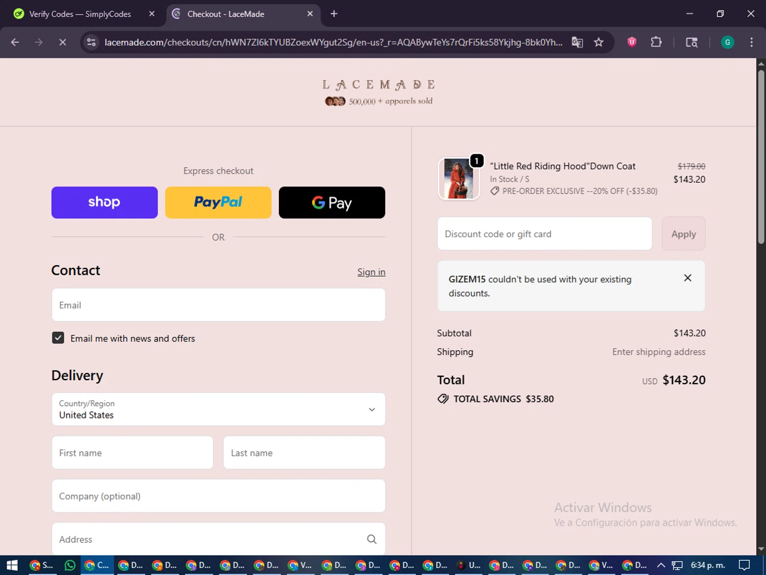 LaceMade discount code screenshot showing code GIZEM15 applied at LaceMade checkout page. Uploaded by SimplyCodes community member PennyFinder5759 on Jan 13, 2026