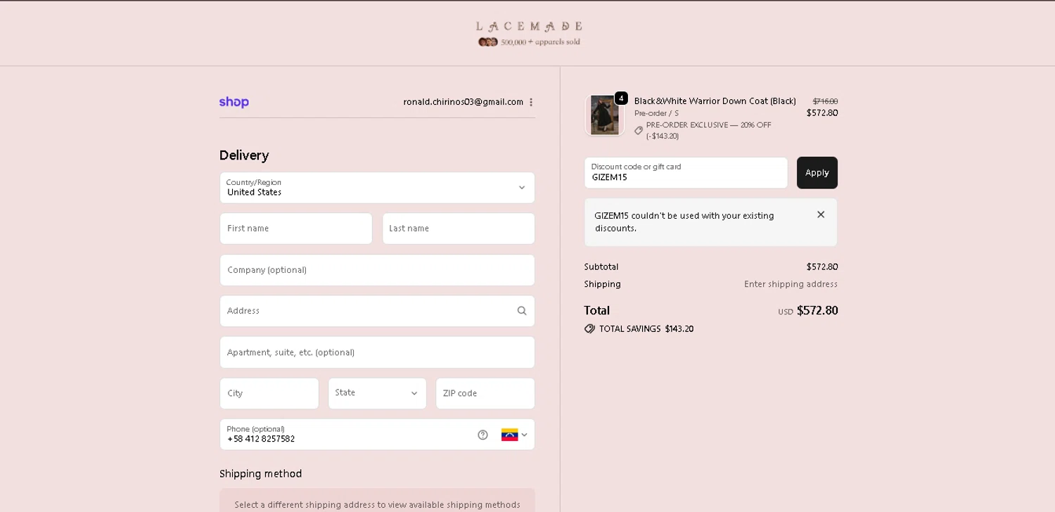 LaceMade discount code screenshot showing code GIZEM15 applied at LaceMade checkout page. Uploaded by SimplyCodes community member ValiantMaverick169 on Nov 30, 2025