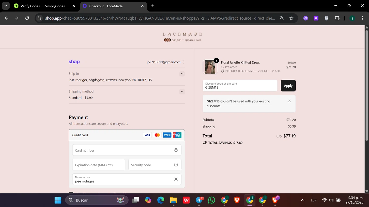 LaceMade discount code screenshot showing code GIZEM15 applied at LaceMade checkout page. Uploaded by SimplyCodes community member hanzell2 on Oct 28, 2025