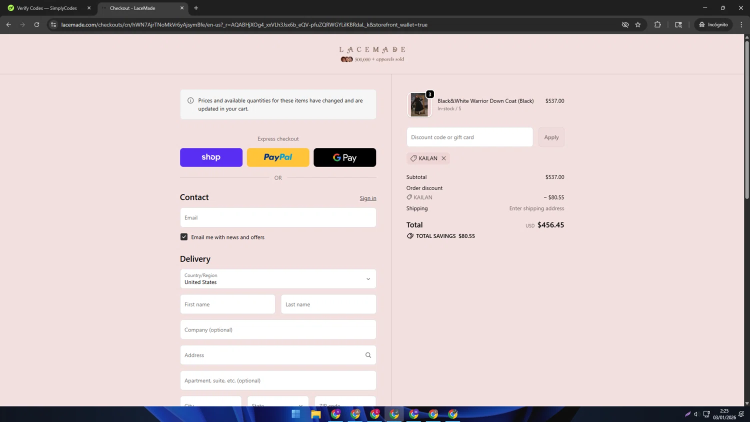 LaceMade discount code screenshot showing code KAILAN applied at LaceMade checkout page. Uploaded by SimplyCodes community member AVATIGRITO on Jan 3, 2026