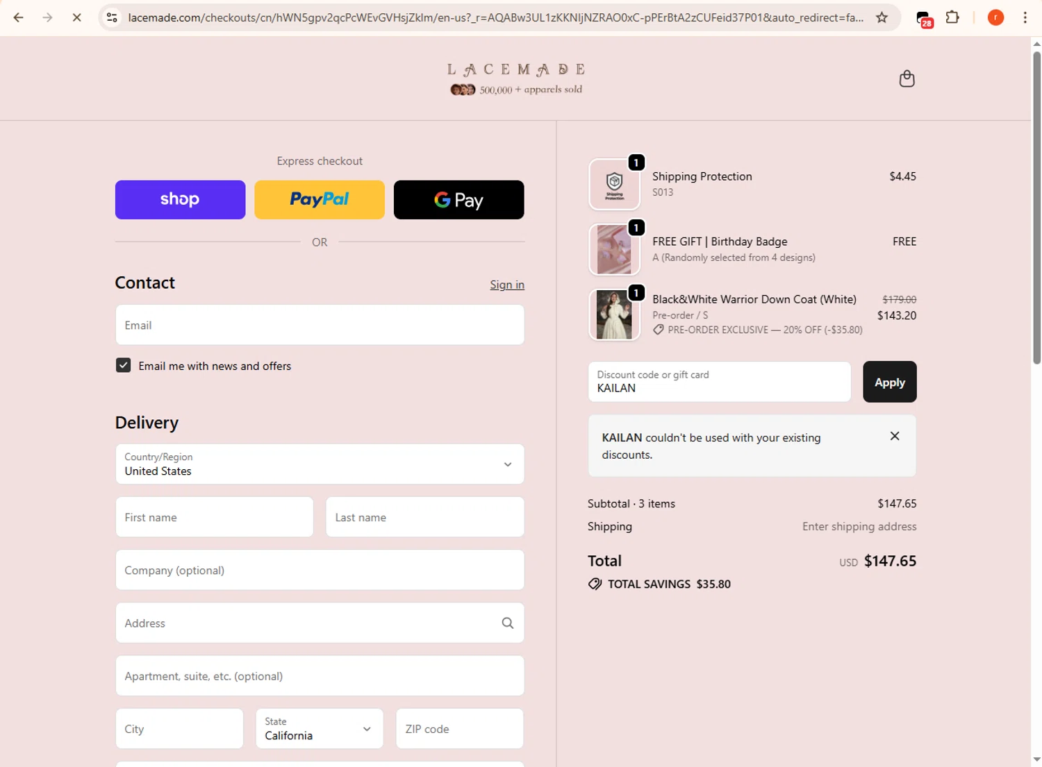 LaceMade discount code screenshot showing code KAILAN applied at LaceMade checkout page. Uploaded by SimplyCodes community member CashMaverick1144 on Nov 25, 2025