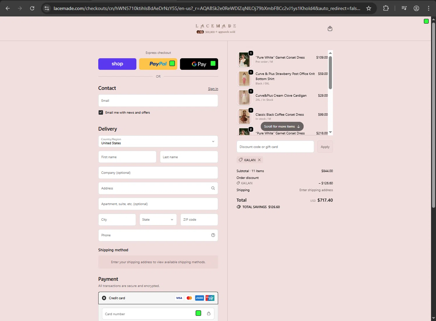 LaceMade discount code screenshot showing code KAILAN applied at LaceMade checkout page. Uploaded by SimplyCodes community member VictoriousDefender1681 on Nov 10, 2025