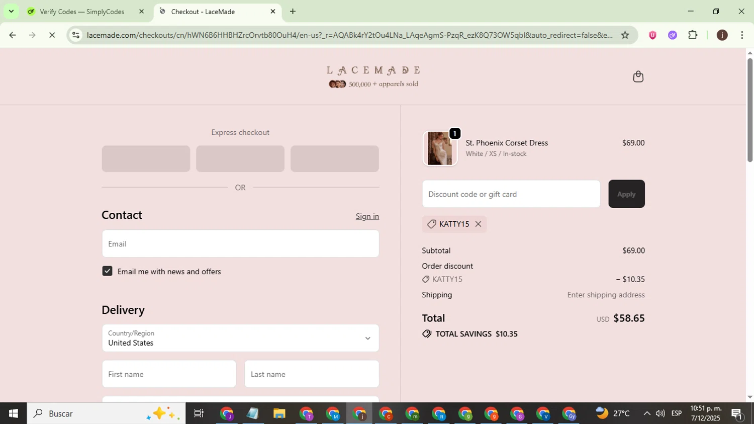 LaceMade discount code screenshot showing code KATTY15 applied at LaceMade checkout page. Uploaded by SimplyCodes community member WonderEagle9833 on Dec 8, 2025