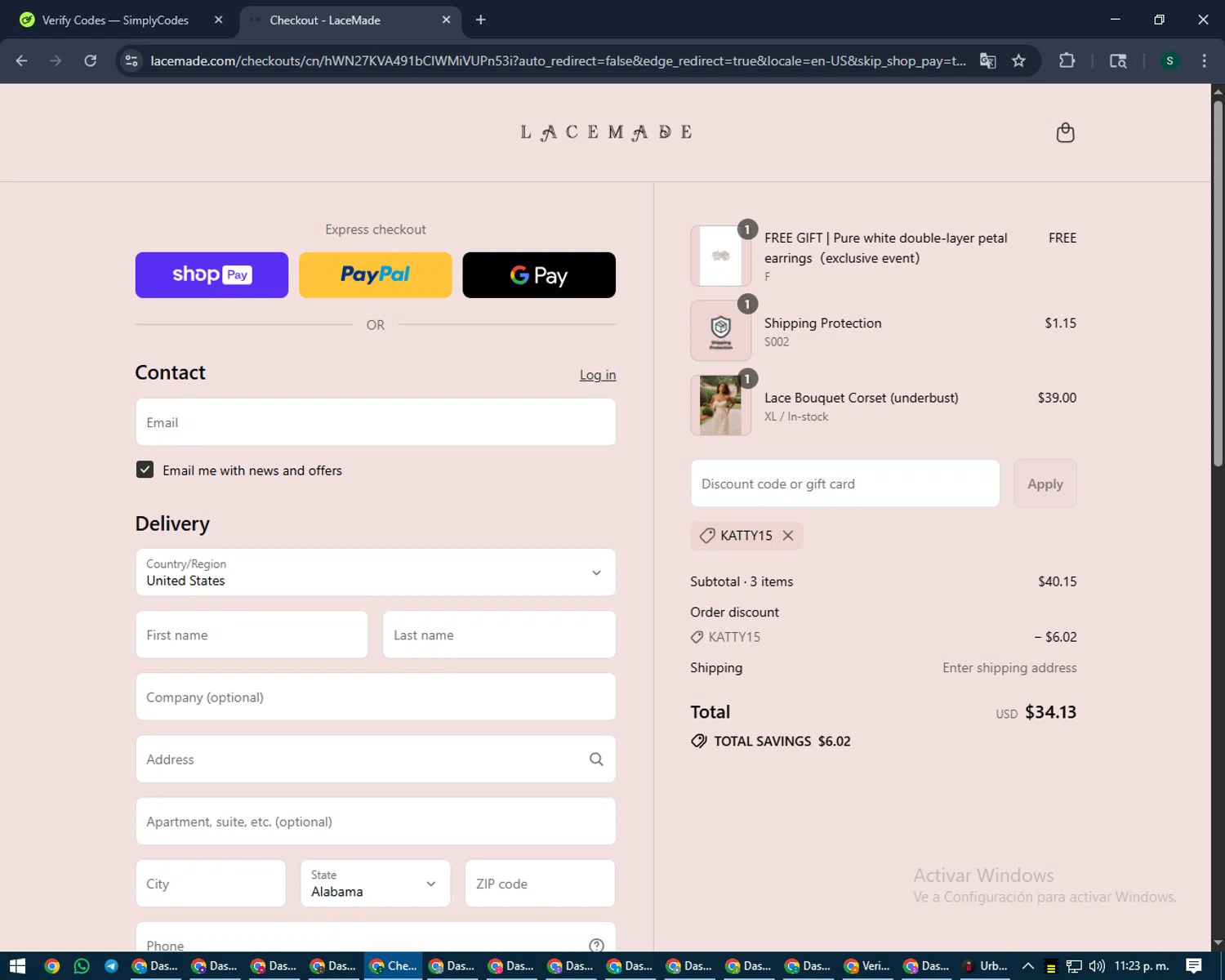 LaceMade discount code screenshot showing code KATTY15 applied at LaceMade checkout page. Uploaded by SimplyCodes community member lilMosey on Aug 23, 2025