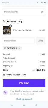 SAVENOX10 coupon verification screenshot