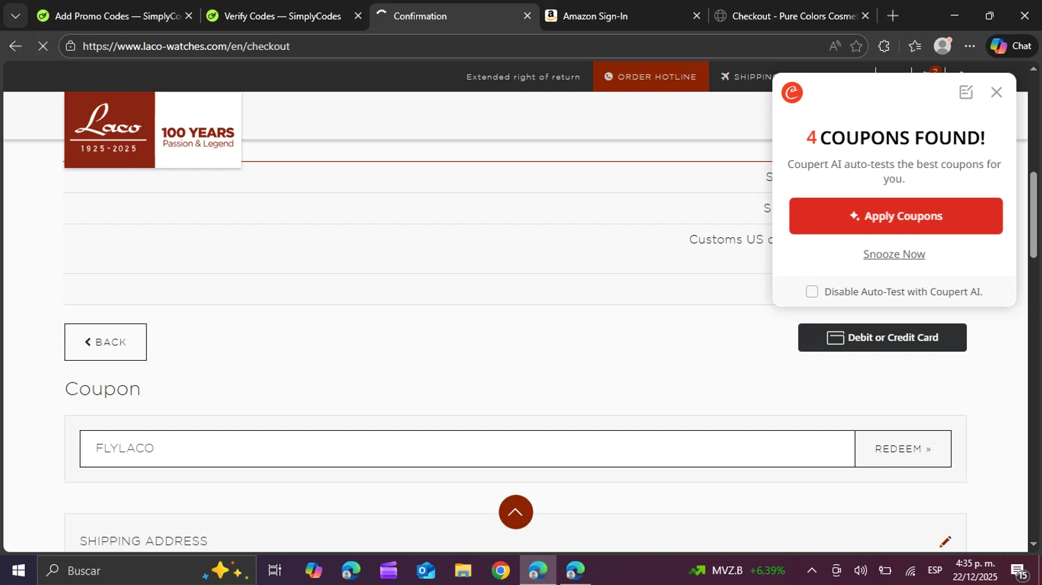 Laco discount code screenshot showing code FLYLACO applied at Laco checkout page. Uploaded by SimplyCodes community member BudgetPro6018 on Dec 22, 2025