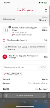 WELCOME10 coupon verification screenshot