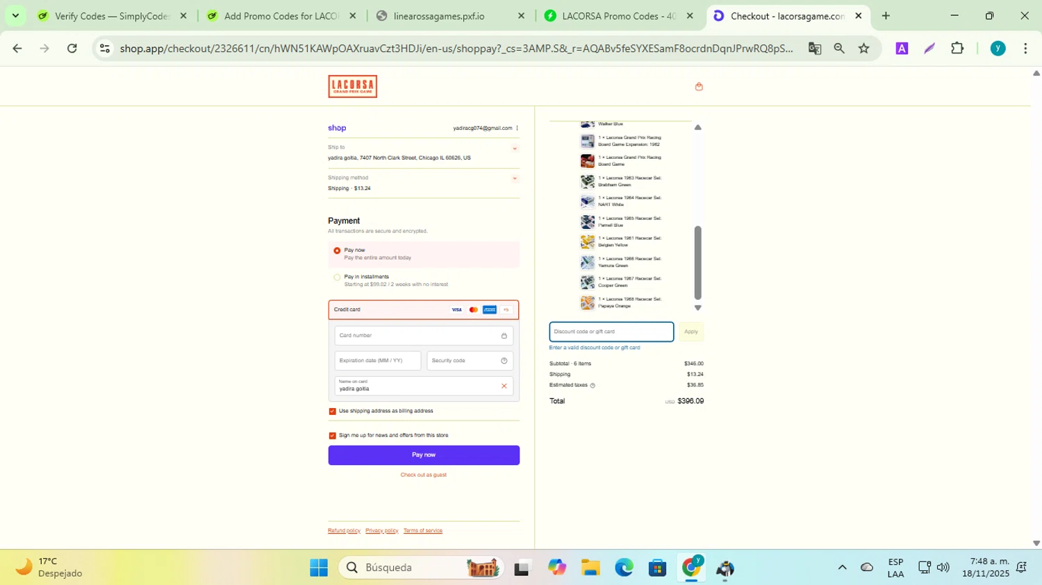 LACORSA discount code screenshot showing code WELCOME10 applied at LACORSA checkout page. Uploaded by SimplyCodes community member yadiracg074 on Nov 18, 2025
