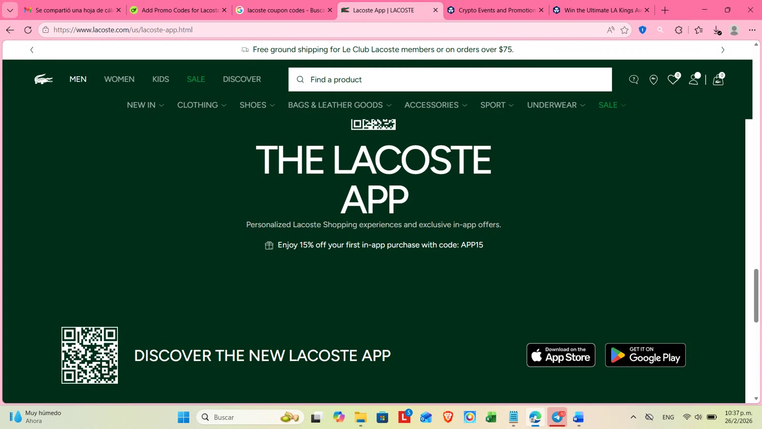 Lacoste promo code screenshot showing code APP15 applied at Lacoste checkout page. Uploaded by SimplyCodes community member cosita on Feb 27, 2026