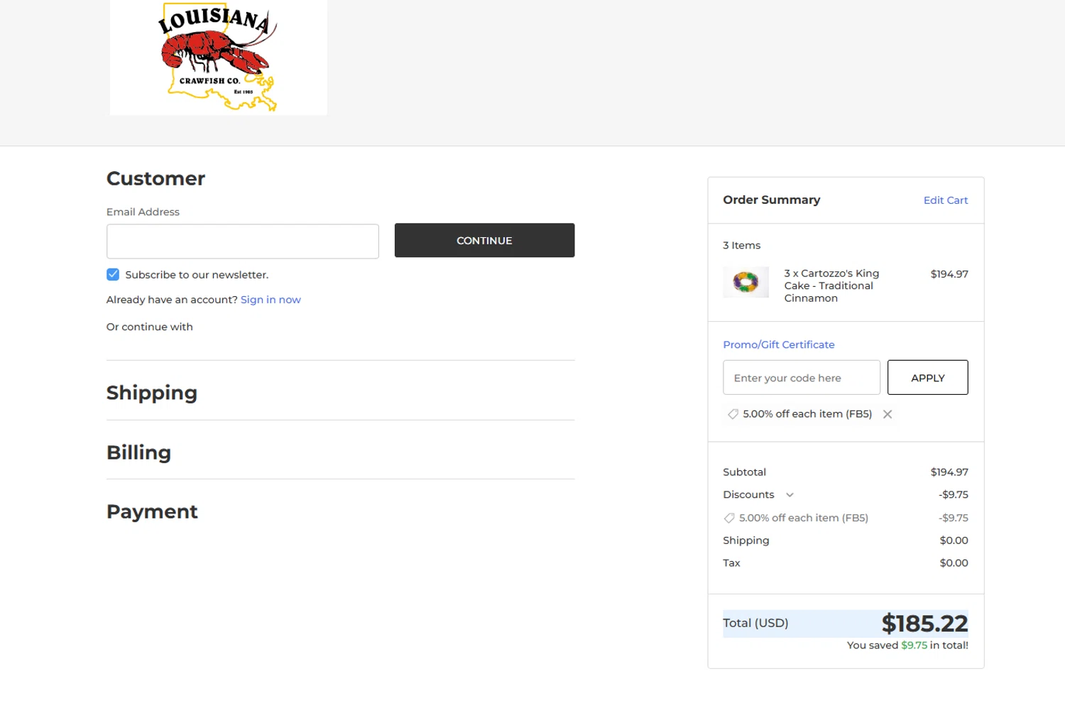 Lacrawfish promo code screenshot showing code FB5 applied at Lacrawfish checkout page. Uploaded by SimplyCodes community member Billyyou on Jan 14, 2026