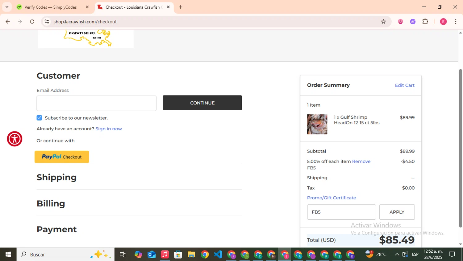 Lacrawfish promo code screenshot showing code FB5 applied at Lacrawfish checkout page. Uploaded by SimplyCodes community member CouponHero7312 on Jun 28, 2025