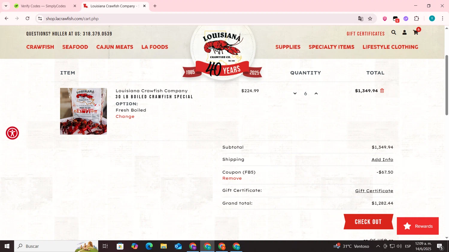 Lacrawfish promo code screenshot showing code FB5 applied at Lacrawfish checkout page. Uploaded by SimplyCodes community member codygakpo on Jun 14, 2025